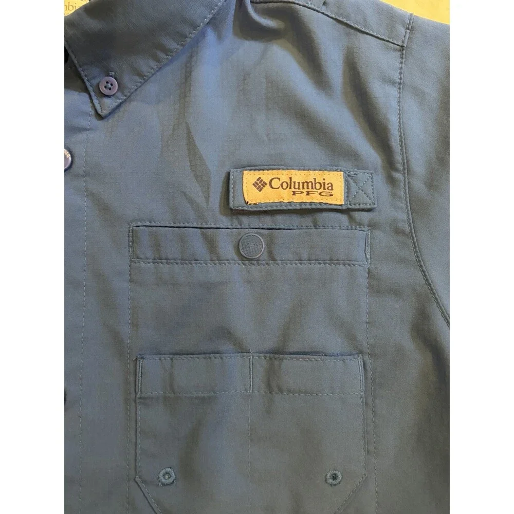 Columbia PFG Boys Blue Solid Short Sleeve Button-Up Shirt Collared XL 18/20 Omni